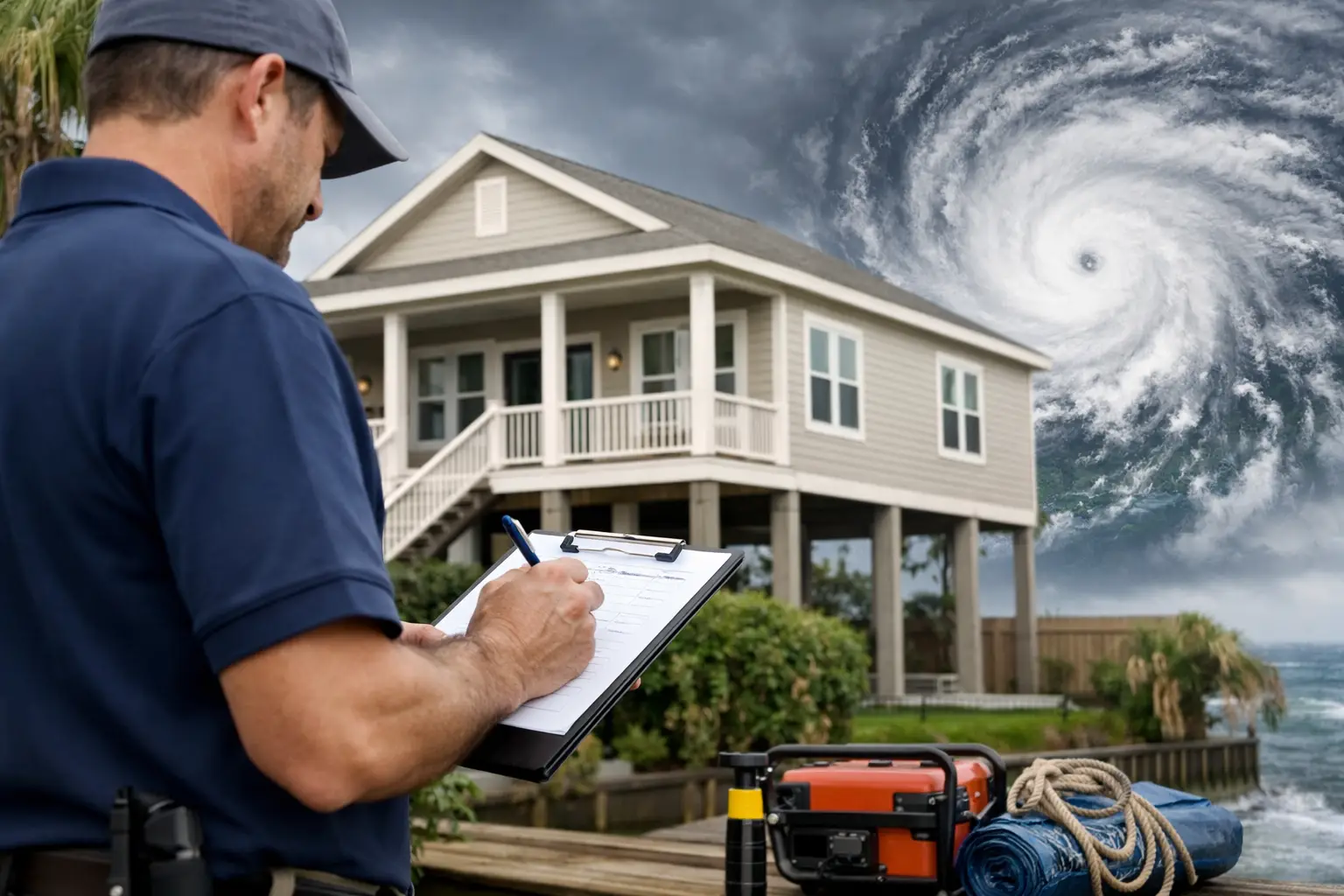 Weather inspector for My Safe Florida Home Grant for Brevard Homeowners taking notes on a clipboard in front of a coastal house as a massive hurricane approaches.