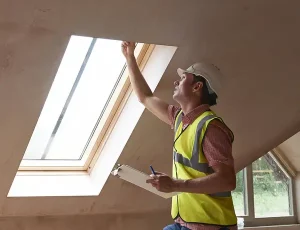 Construction worker in a hard hat and neon vest installs a skylight, holding a clipboard and pen while reaching to the frame to perform wind mitigation inspection brevard county