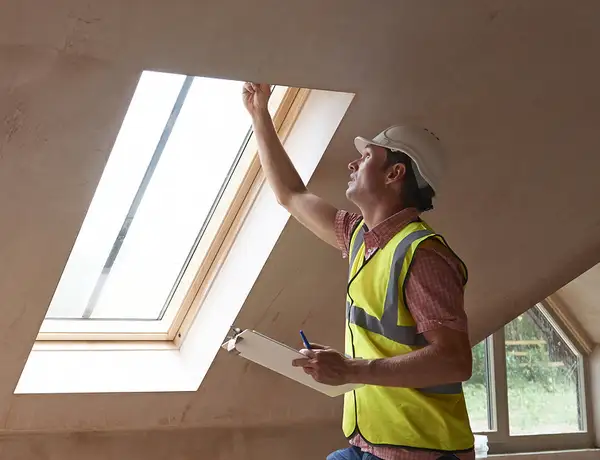 Construction worker in a hard hat and neon vest installs a skylight, holding a clipboard and pen while reaching to the frame to perform wind mitigation inspection brevard county